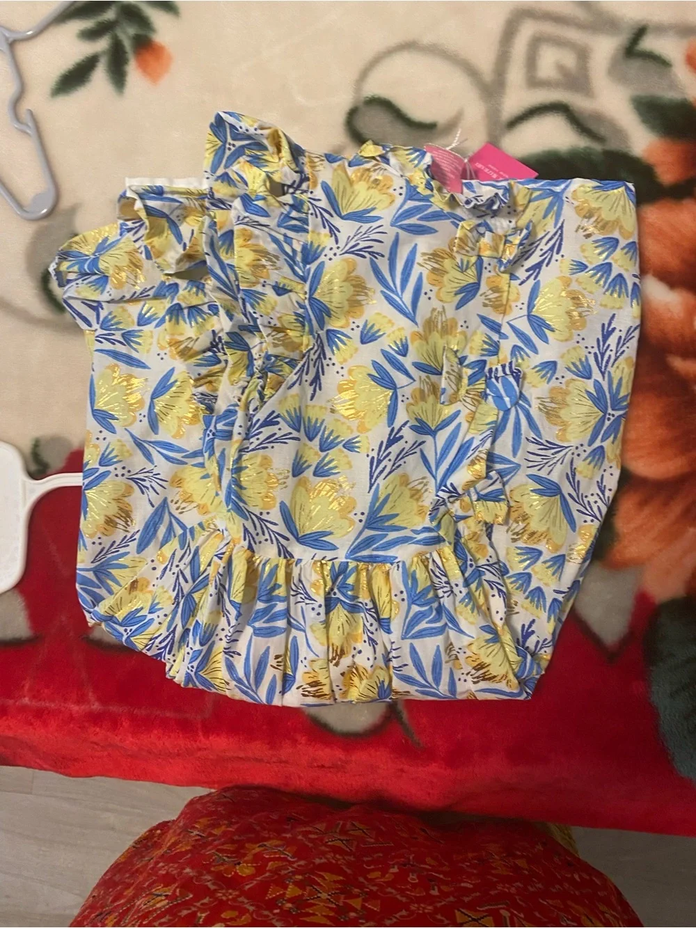 Isaac Mizrahi Yellow and Blue Floral Ruffle-Shoulder Cotton Dress